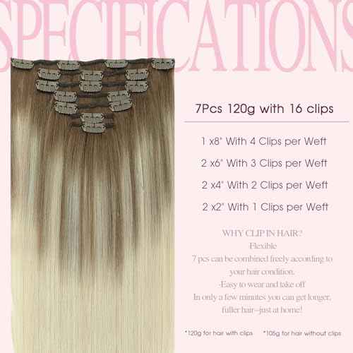 PINKPEARL Human Hair Clip in Hair Extensions 14inch #8T60 Ash Brown to Platinum Blonde Balayage Clip in Hair Extensions Real Human Hair 7pcs 120g Natural Remy Human Hair(#8T60-14)