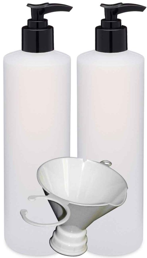 Earth's Essentials Two Pack Of Refillable 16 Oz. HDPE Plastic Pump Bottles With Patented Screw On Funnel-Great For Dispensing Lotions, Shampoos and Massage Oils.