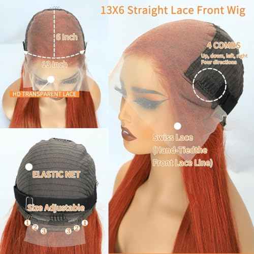 20 Inch Ginger Orange Lace Front Wigs Human Hair Pre Bleached 200% Density 13x6 HD Straight Lace Front Wigs Pre Plucked with baby Hair