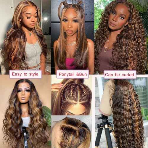 Lemoda 13x6 Highlight Straight Lace Frontal Human Hair Wigs Ombre 4/27 Outlets Sale 200 Density 24Inch 13x6 HD Transparent Lace Front Wigs Pre Plucked