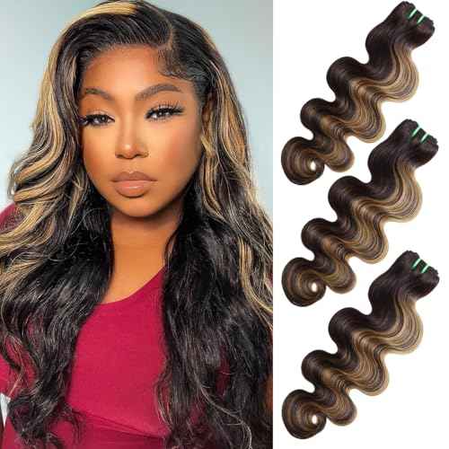 13A Double Drawn Honey Blonde Highlight FB27 Bundles Body Wave Human Hair, Black With Honey Brown Highlight Human Hair 3 Bundles Unprocessed Remy Hair F1B/27 Ombre Hair Extension 12 14 16 Inch
