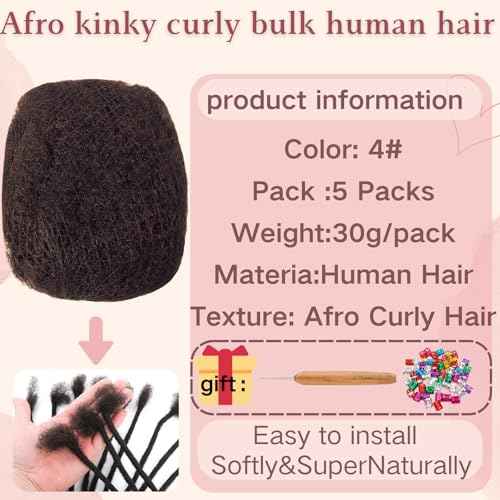 Afro Kinkys Bulk Human Hair for Dreadlock Extensions,Repair Locs, Twists and Braids, 5 Packs 150 Gram Each Package 100% Human Hair Afro Kinky Bulk Can be Dyed and Bleached (Dark Brown 4# 8inch)