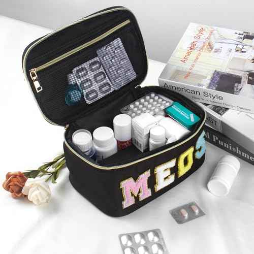 Medicines Chenille Letter Bag Nylon Meds Makeup Pouch Preppy Path with Zipper and Handle Cosmetic Toiletry Storage Purse for Women Black