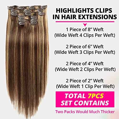 Asteria Hair Clip In Hair Extensions Real Human Hair for Women Highlights Chocolate Brown to Caramel Blonde Colored Hair Extensions Straight Hair 7pcs 120g 20 Inch