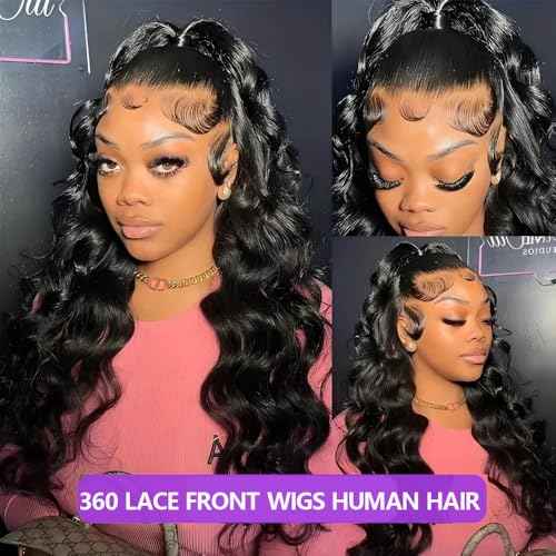 360 Body Wave Lace Front Wigs Human Hair Drawstring HD Lace Front Wigs Human Hair 180 Density Hidden Strap Glueless Full Lace Frontal Wig for Women 24 Inch