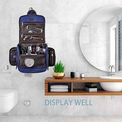 Canvas Toiletry Bag for Men Shaving Dopp Kit Bulk Travel Hanging Makeup Organizer with Sturdy Metal Hook Portable Cosmetic Bag for Women with Large Capacity Blue
