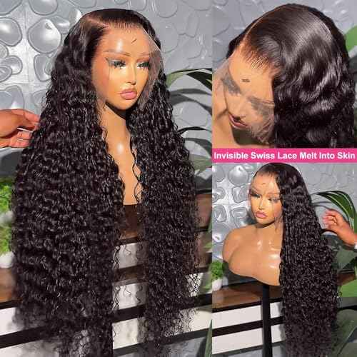 Deep Wave Lace Front Wigs - 13x6 HD Transparent Lace Frontal Wig for Black Women - 100% Real Curly Human Hair - Pre Plucked with Baby Hair - 180% Density (Black, 24 inch)