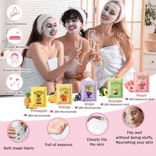 50 PCS Spa Party Supplies for Girls & Women, Facial Masks- Hand Cream- Lip Balm- Bath Bomb- Eye Mask- Compressed Towel- Hair Ties- Lip Brush- Organza Bags, Spa Kit for Birthday, Sleepover, Spa Day