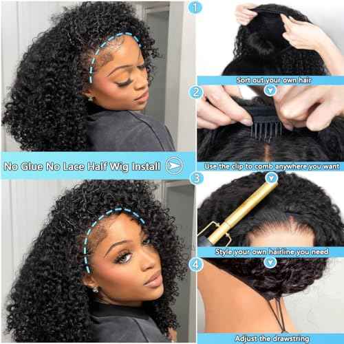 Kinky Curly 3 In 1 Half Wig Human Hair 200% Density Wear Go Glueless Wigs Human Hair for Women 16 Inch Afro Curly Seamless Flip Wig Invisible Hairline Beginner Friendly