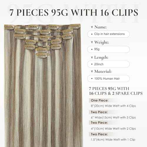 Clip in Hair Extensions Real Human Hair 20inch 95g 7PCS Ash Brown Highlights Platinum Blonde Remy Clip on Human Hair Double Weft Natural Silky Straight Clip ins Hair