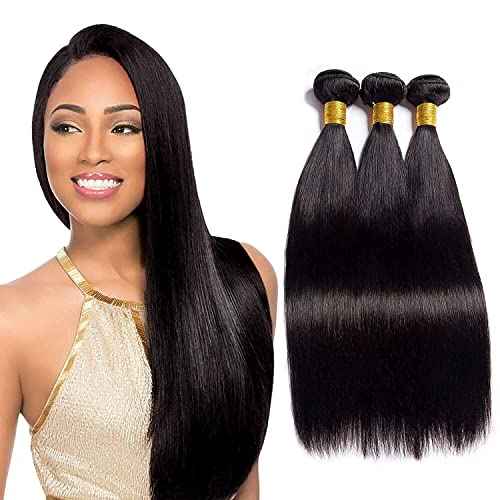 Brazilian Straight Human Hair 3 Bundles Weave 28 28 28 Inch 100% Unprocessed Virgin Weave Hair Human Bundles for Black Women Remy Hair Extensions Natural Black Color Human Hair Straight Weft