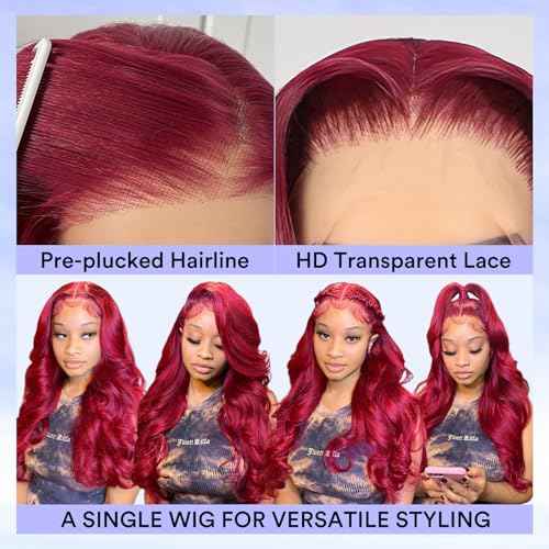 24 Inch 99j Burgundy Lace Front Wigs Human Hair 13x4 HD Red Burgundy Body Wave Wig Human Hair 200 Density Body Wave Lace Front Wigs Pre Plucked Glueless Frontal Wigs for Women