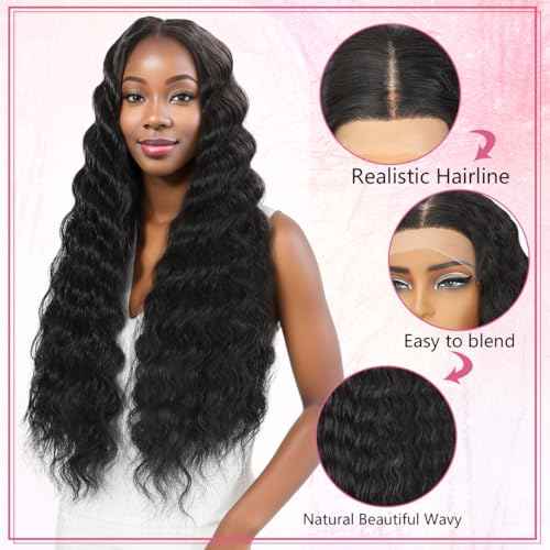 30 Inch Long Curly Synthetic Hair Wigs for Balck Women,13x4x1 Deep Water Wave Lace Front Wig,Simulated Scalp Natural Loose Deep Wave Crimps Curly Wig As Hair Replacement Wigs