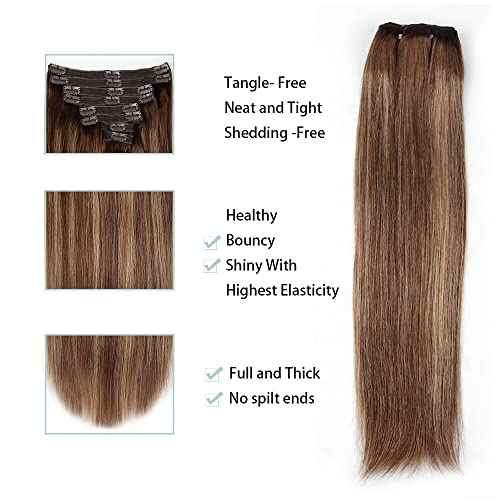 Clip in Hair Extensions for Women Brazilian Virgin Human Hair Extension Straight 8Pcs Remy Hair Extensions Clip in Human Hair with 18Clips Double Lace Weft 120Gram (22inch, #4/27/4)