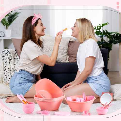 60 Pcs Spa Party Supplies for Women Pink Facial Mask Bowl Set with Facial Mask Bowls Spatula Brush Puff Measuring Scoop Basin Mirror Air Cushion Comb Headband Spa Birthday Party Favor