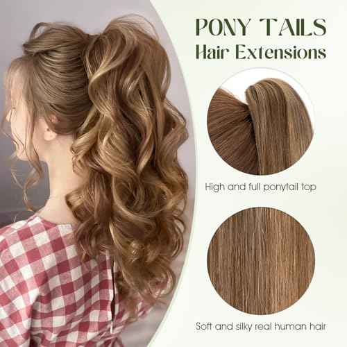 Ponytail Extension, 20 Inch Claw Clip Ponytail Extension Human Hair Long Straight Jaw Clip in Real Hair Pony Tails Hairpieces for Women Medium Brown & Dark Blonde