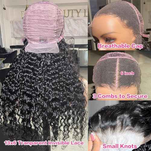 18 Inch Deep Wave 13x6 Lace Front Wigs Human Hair Pre Plucked With Baby Hair 200 Density Deep Curly Lace Frontal Wigs Human Hair Transparent HD Lace Wigs Natural Black