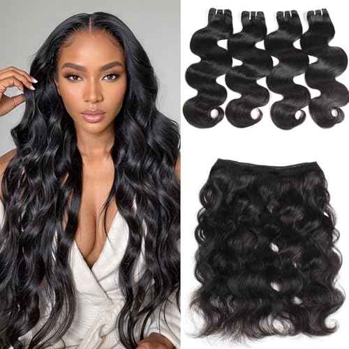 Human Hair Bundles Body Wave 4 Bundles 100% Unprocessed 12A Grade Brazilian Hair Weave 4 Bundles Human Hair Extensions Natural Black 16-22 Inch