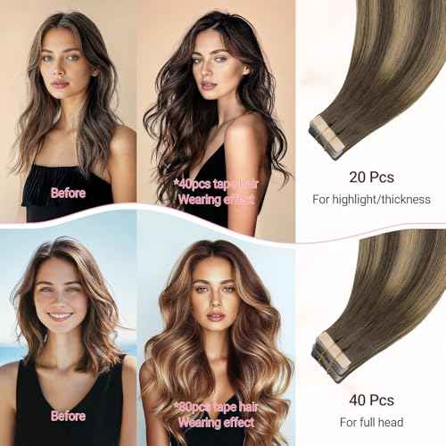 MAXITA Tape in Hair Extensions Human Hair 4/27/4 Chocolate Brown Mixed Caramel Blonde Balayage 20 Inch 100g 40pcs Thick Ends Straight Seamless Tape ins Remy Invisible Tape in Extensions Human Hair