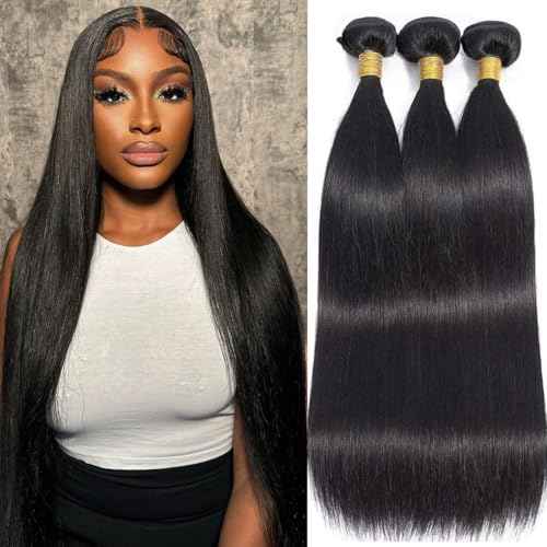Straight Human Hair Bundles,Brazilian Virgin Human Hair Bundles Straight,100% Unprocessed Raw Human Hair Extensions 14 14 14 Inch,No shedding No Tangle Double Strong Weft,Natural Black Color