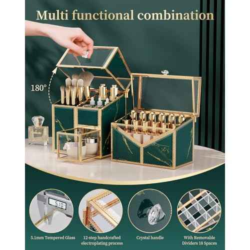 Makeup Organizer Countertop Set ? Vanity Holder with 18-Slot Lipstick Organizer & Covered Makeup Brush Holder ? Skincare, Perfume & Cosmetic Display for Bathroom or Dresser
