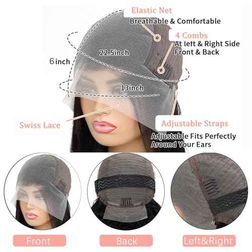 annione 24 Inch 13x6 Lace Front Wigs Human Hair 200% Density Real Human Hair Wig Body Wave HD Lace Frontal Wigs Pre Plucked Transparent Lace Natural Black for Women