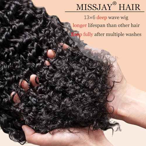 MISSJAY 13x6 Deep Wave Wig Human Hair 26 Inch Deep Wave Lace Front Wig Human Hair 200% Density Natural Color Deep Curly Wig Glueless Brazilian Virgin Hair Pre Plucked with Baby Hair for Women