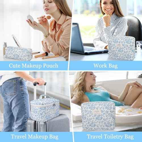 Makeup Bag Set, Quilted Makeup Bag, Large Floral Cosmetic Bag for Women, Cute Cotton Makeup Bags, Flower Travel Toiletry Organizer Bag (Blue Flower)