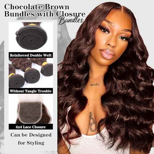 Brown Bundles with Closure Human Hair Loose Wave Human Hair Bundles with Closure (16 18 20+14£©12A Brazilian Virgin Hair Light Brown Loose Deep Wave 3 Bundles with 4x4 Closure 4# Color