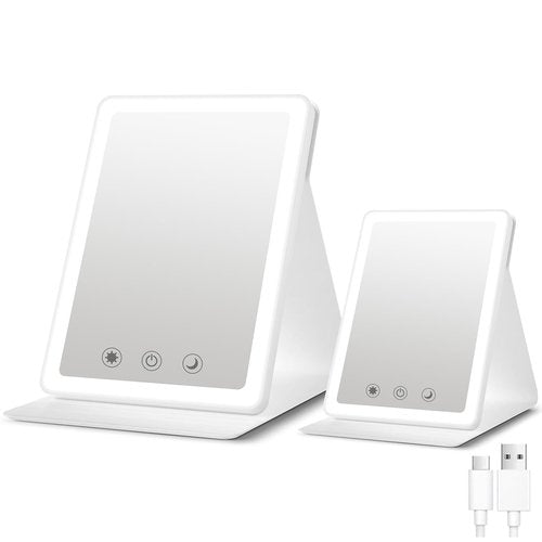 (2 Pack) 2025 Rechargeable Travel Makeup Vanity Mirror with 72 Led Lights,Portable Lighted Beauty Mirror,3 Color Lighting,Dimmable Touch Screen,Tabletop LED Folding Cosmetic Vanity Mirror Desk Table