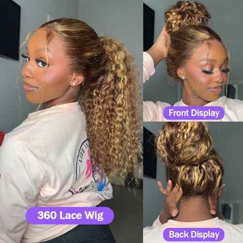 Hidden Strap Deep Wave 360 Lace Front Wigs Human Hair 22 Inch Ombre Honey Blonde HD Full Lace Frontal Wigs Human Hair for Women with Drawstring 360 Glueless Wigs Pre Plucked Highlighted Wig