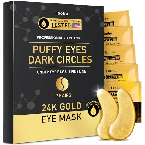 Under Eye Patches (12 Pairs) - 24K Gold Eye Masks Treatment for Eye Bags, Puffy Eyes & Dark Circles - Nourishing Skin Care Product - Birthday Gifts for Women - Vegan & USA Tested