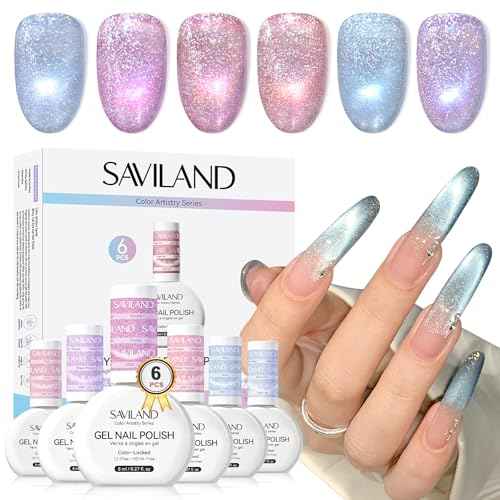 SAVILAND Color Artistry Cat Eye Gel Nail Polish 6 Colors: Crystal Shiny Gel Nail Polish Shimmer Glitter Rainbow Magnetic Glitter Cat Eye with Magnet Stick Soak Off U V Lamp Manicure Nail Art