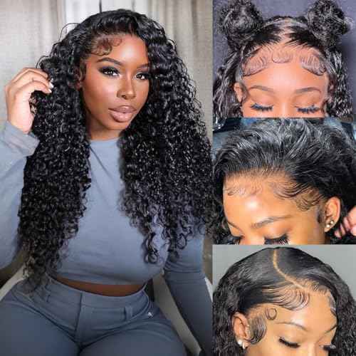 13x4 HD Transparent Lace Front Wigs Human Hair Pre Plucked Hairline with Baby Hair 200 Density Brazilian Water Wave Wigs for Black Women(20 Inch)