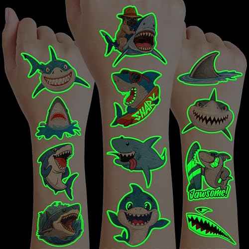 96 PCS Ocean Shark Glow In The Dark Pre-Cut Temporary Tattoos Sticker Sea Animal Birthday Party Decorations Decor Favors Supplies Gifts Boys Girls Cute Fake Tattoo School Reward Themed (Luminous)