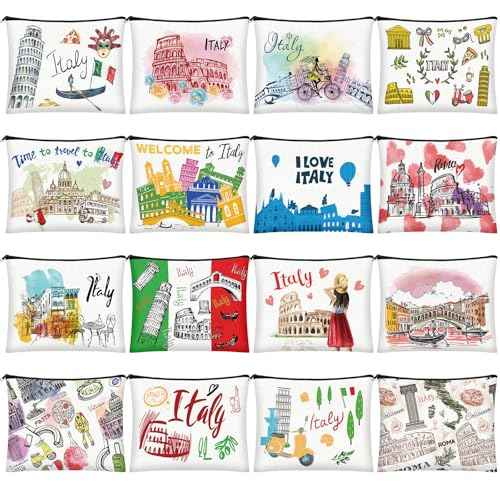 16 Pcs Italy Cosmetic Bag Souvenir Gifts Makeup Bag Travel Vacation Zipper Pouch Purse for Women Birthday Trip Gifts Party Favors
