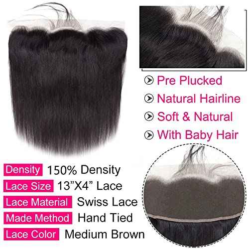 13x4 Ear To Ear Straight Lace Frontal Closure Transparent HD Human Hair With Baby Hair Knots 100% Virgin Remy Human Lace Frontal Closures 150% Density Natural Color (18 Inch,Straight frontal)