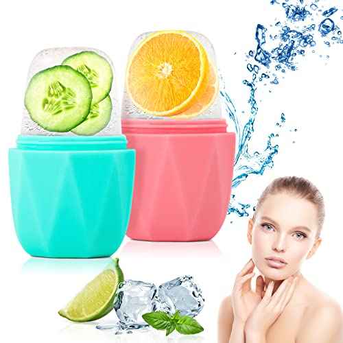 2Pack Ice Roller for Face, Qewro Silicone for Tone skin, Reusable Eye Puffiness Relief, Ice Roller Mold for Neck, Facial Roller to Remove Fine Lines Pores Anti Wrinkles (Pink and Green)
