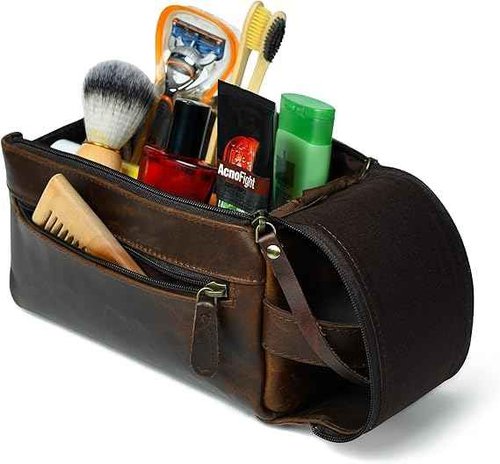 Leather Toiletry Bag for Men – Handmade Travel Kit, Small Leather Shaving & Toiletry Organizer, Durable Waxed Canvas Lining (Brown)