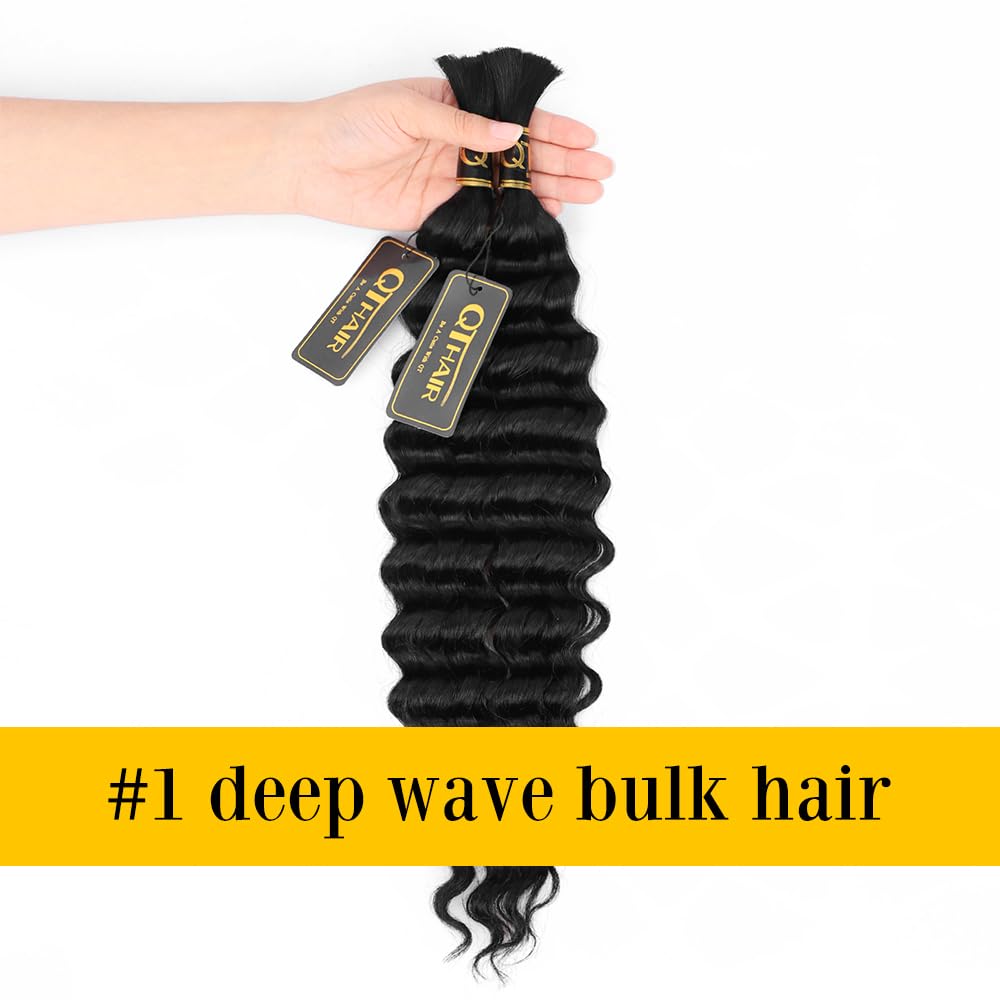 QTHAIR Deep Wave Bulk Human Hair For Braiding No Weft (24"#1 Jet Black) 16A 100% Unprocessed Brazilian Deep Wave Human Hair Virgin Hair Extensions Two Bundles Micro Braiding