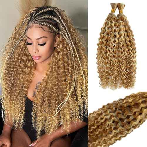 Ombre Blonde Water Wave Human Braiding Hair Highlights Colored Curly Braiding Human Hair No Weft Bulk Hair for Knotless Bohemian Box Braids Wet and Wavy Braiding Hair 100 Grams 22in
