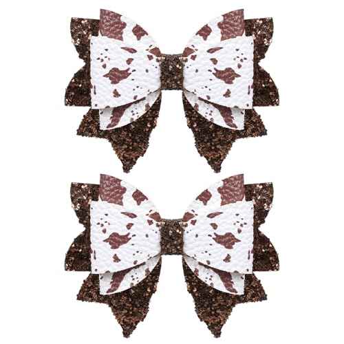 2 Pack 3.5-Inch Glitter Sparkly Brown Cow Hair Bow Clips for Western Cowgirls Cute Moo Cow Alligator Hairpins Barrettes Toddler Teens Women Kids Birthday Party Decorations Gift