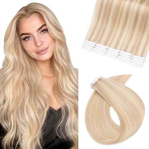 Benehair 20pcs Remy Tape in Hair Extensions Human Hair Ash Blonde&Bleach Blonde Seamless Skin Weft Tape in Real Human Hair Extensions Straight Hair 18 Inch 30g #18P613