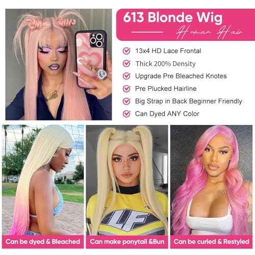32 Inch 613 Lace Front Wigs Human Hair 200 Density Blonde Wig Human Hair 613 Straight Frontal Wigs Human Hair Pre Plucked For Women 13x4 Honey Blonde HD Lace Front Wig