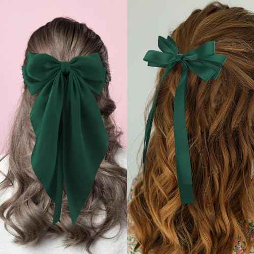 Hair Bow Clips for Women Girls, 4 Pcs Green Silky Satin Oversized Long Tail Bow Hair Clips, Alligator Metal Clips, Big Bowknot, Cute Hair Accessories, Christmas Gifts