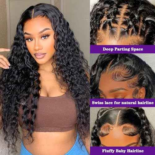 13x6 Deep Wave Lace Front Wigs Human Hair 200 Density Pre Plucked HD Transparent 100% Lace Frontal Wigs Deep Curly Wet and Wavy lace front human hair Wigs for Women£¨ 30 inch £¬ Natural Black£©