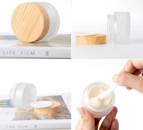 Healthcom 50 Gram/50 ml Empty Sample Jars Round Frosted Glass Bottle Cosmetic Cream Jar Wood Grain Lid Cosmetic Container Glass Cream Box Refillable Cream Pot Jars for Lip Balm Lotion Eyeshadow,4 Pack