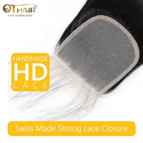 QTHAIR 16A Brazilian Body Wave Human Hair Lace Closure(20" Free Part Natural Black) 100% Unprocessed Brazilian Body Wave Virgin Hair Swiss Lace Closure 150% Density 4x4 Closure