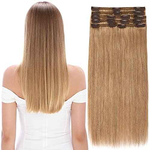 MY-LADY #27 Dark Blonde Double Weft Clip in 100% Remy Human Hair Extensions 14''-22'' Grade 7A Quality Full Head Thick Thickened Long Soft Silky Straight 8pcs 18clips for Women Beauty 22"/22 inch 160g