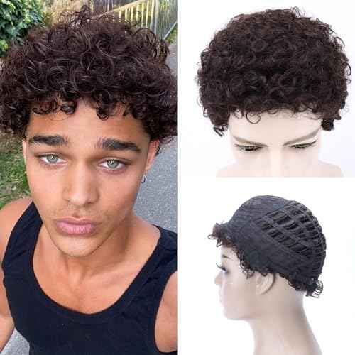 Men's Full Head Wig with Real Hair, Curly Wig, Short Curly Hair, Fluffy and Realistic Curly Strands, Thin Skin, Daily and Party Men's Wig (dark brown)